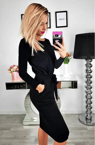 Vista 3 de PRETTYGARDEN Vestidos de otoño para mujer, estilo Bodycon, para fiesta, casual, manga larga, con cinturón en la cintura, ajustados, lápiz