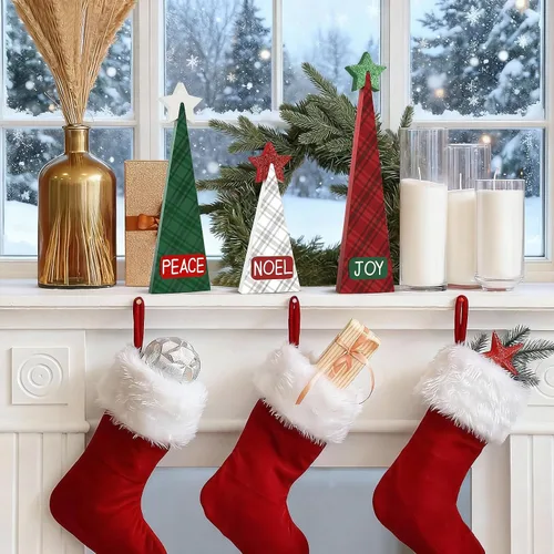 Vista 6 de 3 piezas de decoración de mesa de árbol de Navidad de madera, 3 tamaños de decoraciones de árbol de Navidad de madera independientes de doble cara