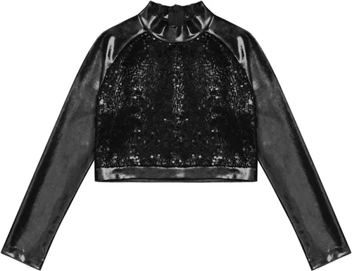 Vista 3 de JEATHA Camiseta corta de manga larga con lentejuelas brillantes para niños y niñas, con cuello alto falso, camisetas atléticas de jazz hip-hop