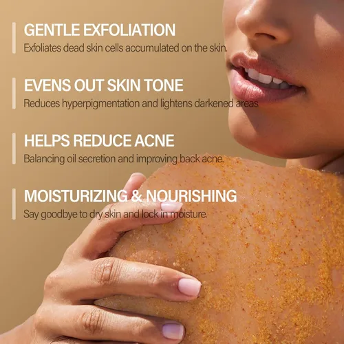 Vista 2 de Exfoliante corporal de cúrcuma, vitamina C, exfoliante corporal con colágeno y aceite de coco, removedor de piel muerta, exfoliante natural suave e