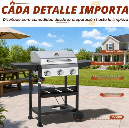 Vista 7 de 3-Burner Propane Gas Grill, 36000 BTU for BBQ,Portable with Wheels&Hood Even& powerful heat distribution with independent control,folding side