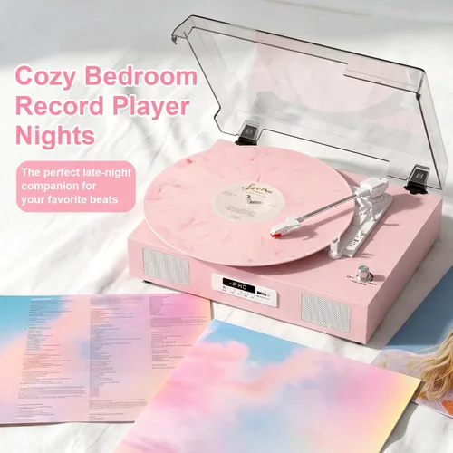 Vista 9 de Vinyl Record Player with Stereo Speakers Turntable USB Recording, Pink,Built-in Speakers, 3-Speed Belt Drive, RCA Line-Out AUX-in, Auto Stop