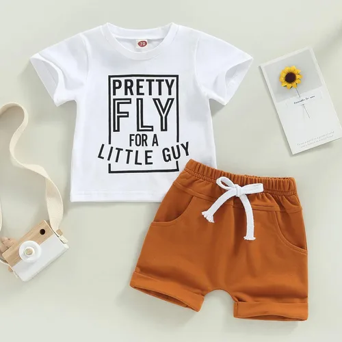 Vista 41 de Conjunto de traje de verano para bebé niño pequeño, manga corta, cuello redondo, letras impresas, lindo traje de verano, conjunto de 2 piezas