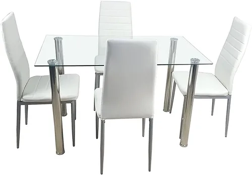Vista 9 de Juego de mesa de comedor, 5 piezas con moderna mesa superior de vidrio templado y silla de piel sintética, muebles de comedor para el hogar, cocina