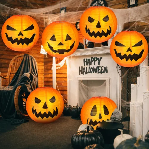 Vista 6 de Retisee 12 faroles de papel de calabaza de Halloween de 12 pulgadas, farol de calabaza naranja, farol de papel para fiesta de Halloween, calabaza