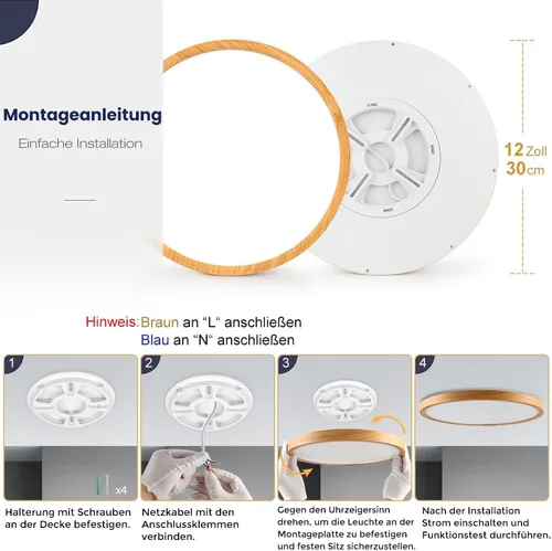 Vista 6 de LightingWill LED Ceiling Light Wood Look 24 W Diameter 30 cm, 2800 LM, 4000 K Neutral White, Round Flat, Modern Ceiling Light for Living Room