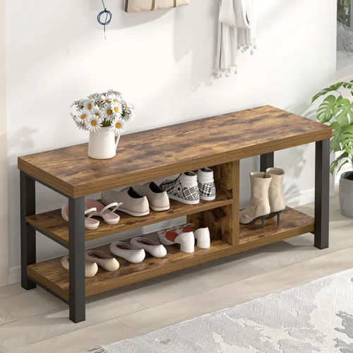 Vista 10 de EXCEFUR Banco de entrada, moderno banco de almacenamiento de madera y metal para pasillo, puerta delantera, zapatero industrial para interiores