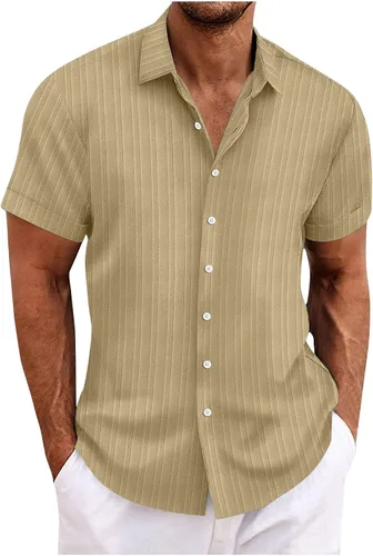 Vista 10 de Ctreela Camisa cubana de lino de manga corta para hombre, ligera, con botones, guayabera, camisas de trabajo casuales con cuello vuelto