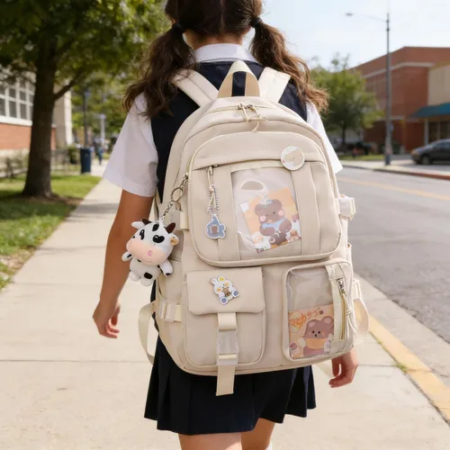 Vista 2 de Eagerrich Cute Aesthetic Kawaii Backpack for Teen Girls School Beige