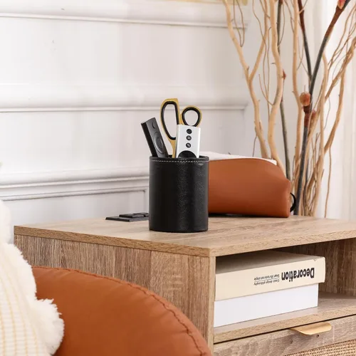 Vista 7 de Soporte para bolígrafo para escritorio, soportes de lápiz de cuero PU para cosméticos suministros de oficina, organizador de escritorio negro PH107