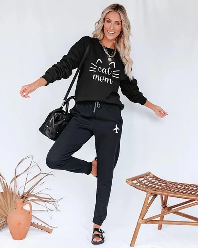 Vista 3 de Sudadera con diseño de gato y mamá para mujer, camiseta de manga larga con estampado de letras