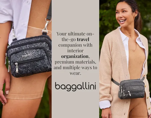 Vista 2 de Baggallini Bolso cruzado pequeño con triple cremallera para mujer, ligero, convertible, riñonera Estampado De Flor De Mediano