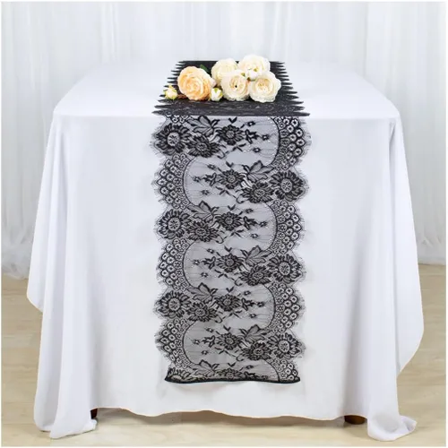 Vista 3 de Partisout Black Lace Tablecloth Rectangular 12x120 Inch Rectangle Scalloped for Lace Tablecloths Wedding Table Cover Romantic Party Tablecloth