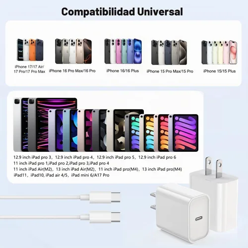 Vista 6 de Cargador para iPhone 17 16 15 de carga rápida, paquete de 2 bloques de cargador de pared tipo C con cable USB C a C de carga rápida de 1 metro