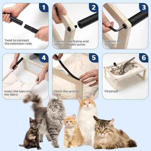 Vista 7 de Cama elevada para gatos, hamaca de madera para gatos con cojín lavable