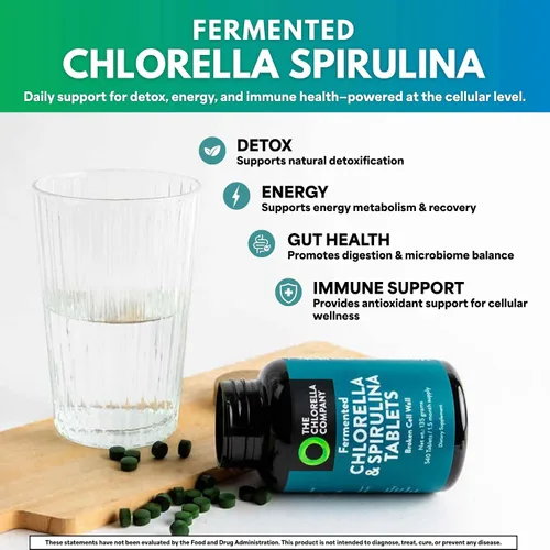 Vista 3 de Tabletas fermentadas de clorella y espirulina, 540 tabletas (suministro de 1.5 meses) Pared celular rota para absorción de nutrientes, superalimento