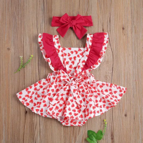 Vista 2 de Mono para bebé niña de San Valentín con mangas sin espalda y estampado de corazón con diadema