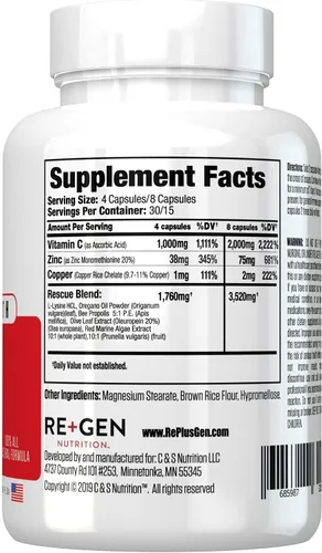 Vista 8 de Re+Gen Nutrition H Rescue Suplemento de apoyo inmunológico para adultos, cápsulas con zinc, vitamina C, aminoácido de lisina L y aceite de orégano