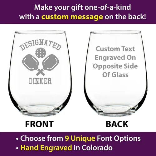 Vista 2 de Dinker designado personalizado – Copa de vino sin tallo personalizada – Regalos y decoración de pickleball divertidos – Grande 17 onzas – Regalo