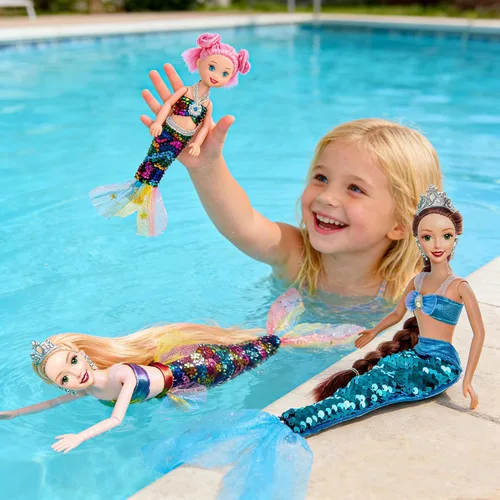 Vista 7 de Juego de muñecas de sirena de 11.5 pulgadas con accesorios, dos muñecas de princesa, una muñeca pequeña, un juguete de delfín, juguete de una