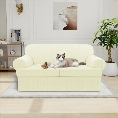 Vista 49 de Funda impermeable para silla con brazos, juego de 2 piezas, funda a rayas para 1 sofá separado con cojín en T, fundas de sillón de tela