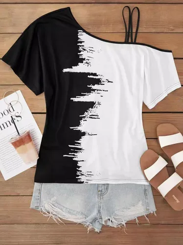 Vista 4 de Camisetas sexy con hombros descubiertos para mujer, casual, con un hombro, con botones, con volantes, blusa para vacaciones de verano, camisetas