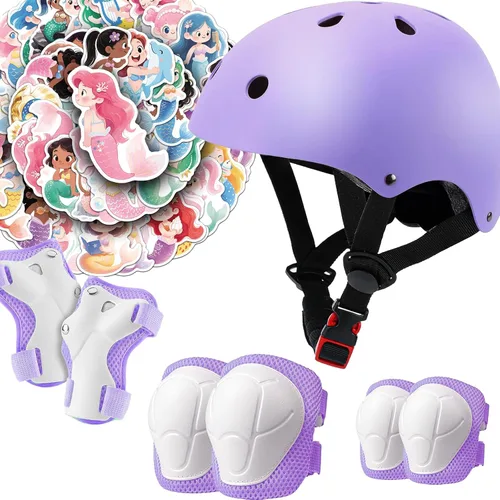 Vista 17 de Juego de casco de bicicleta para niños, certificado CPSC con rodilleras, coderas, muñequeras, casco negro ajustable para niñas de 2-3-5-8 años