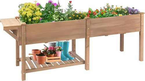 Vista 11 de Cama de jardín elevada para exteriores, jardineras de madera con patas forro protector y agujeros de drenaje, macizos de flores elevados para jardín