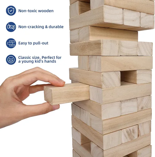 Vista 6 de Offelec Juegos de Bloques de Torre Tambaleante, Juego de Apilamiento de Bloques de Madera Grandes para Niños Adultos Familia, Juegos de Mesa