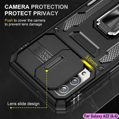 Vista 4 de Funda resistente para Samsung Galaxy A22 (4G), protector híbrido de goma de doble capa de grado militar con protector de cámara deslizante, soporte