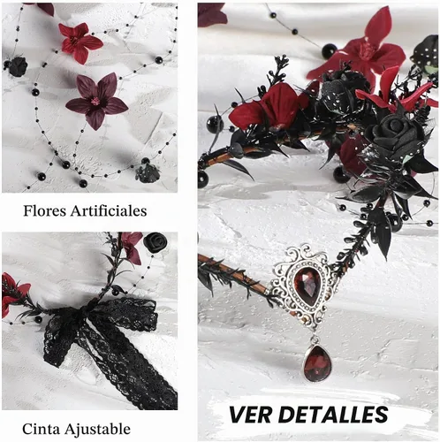 Vista 7 de MOSTORY Corona de flores de hada, corona de elfo floral, círculo de flores de bosque para mujer, Renfaire, Halloween Negro-rojo