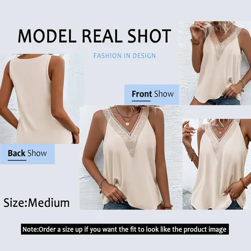 Vista 3 de Camiseta sin mangas con encaje de guipur con cuello en V profundo para mujer, blusa sin mangas