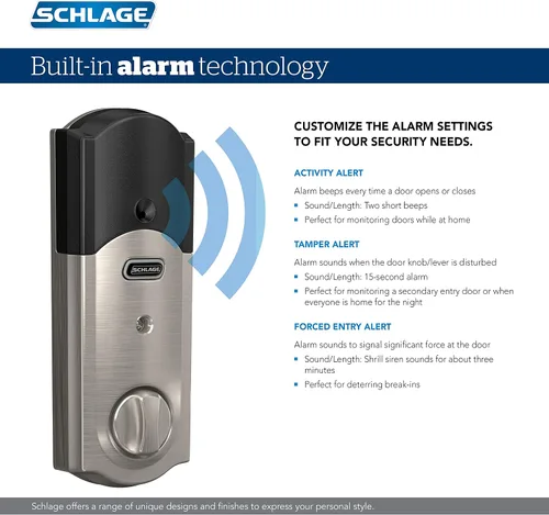 Vista 4 de Schlage Connect BE469ZP CAM 619 - Cerradura inteligente con alarma, moldura Camelot en níquel satinado, compatible con Z-Wave Plus (Paquete de 4)