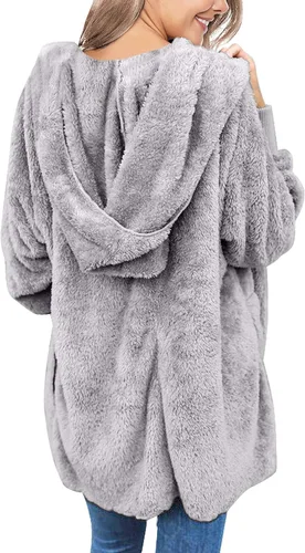 Vista 2 de luvamia - Chaqueta con capucha para mujer, diseño de vellón mullido, abierta, abrigo con bolsillos delanteros