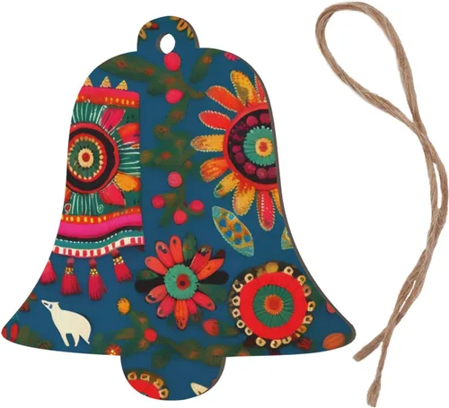 Vista 3 de 6 adornos de madera de Navidad para niños y adultos, decoración colgante de árboles de Navidad, 4 estilos, arte popular mexicano, estampado bohemio