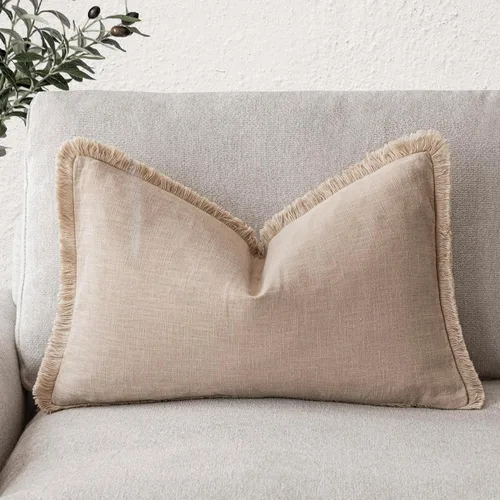 Vista 26 de Foindtower Fundas de almohada decorativas de lino con flecos, acogedora funda de cojín bohemia estilo farmhouse con borlas, funda de almohada