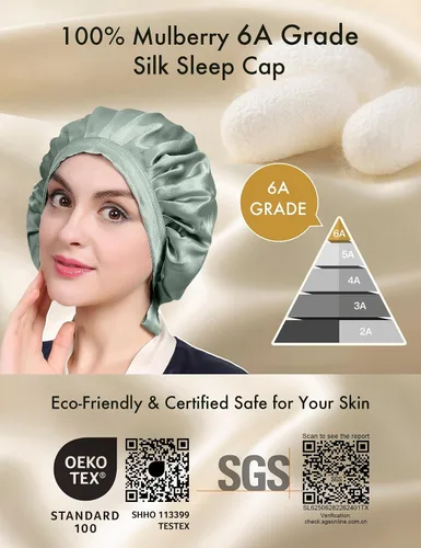 Vista 2 de LilySilk Gorro 100% de seda de morera, gorro de seda para dormir, ajustable para dormir, Verde aguacate