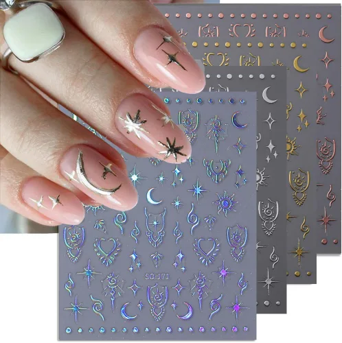 Vista 3 de 8 hojas de calcomanías para uñas de sol, luna, estrella para mujer, calcomanías láser 3D, oro rosa, plata, calcomanías para suministros de uñas