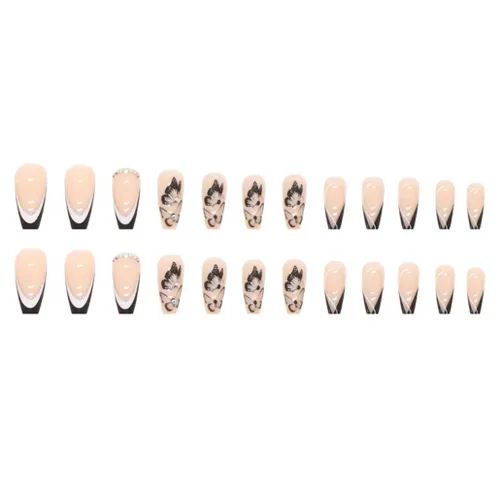 Vista 4 de Foccna Uñas postizas a presión negras francesas medianas, uñas postizas de mariposa, uñas postizas acrílicas de ataúd nude, uñas artificiales