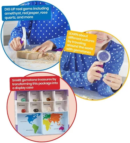 Vista 4 de hand2mind World of Gemstones Dig Kit, 8 piedras preciosas reales para descubrir, estuche de exhibición de piedras preciosas, kit de excavación