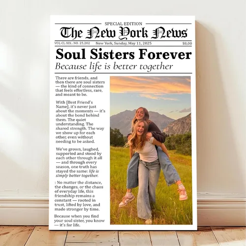 Vista 13 de Poster personalizado de amistad con periódico en lienzo vintage, regalo de cumpleaños para mejor amiga o hermana del alma, arte de pared retro único
