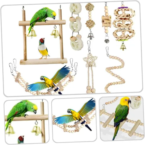 Vista 8 de Parrot Ladder Perch Wooden Bird Cage Swing Set, 8 Pieces