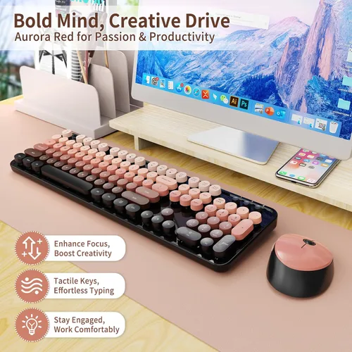 Vista 2 de Combo de teclado y mouse inalámbricos Nowlike, teclado retro de máquina de escribir con teclas redondas, ergonómico de tamaño completo, rojo aurora