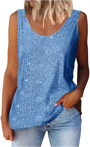 Vista 11 de Camisetas de lentejuelas para mujer, sin mangas, cuello redondo, brillante, sexy, para fiesta, camiseta sin mangas brillante