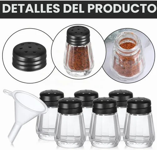 Vista 3 de Potchen 12 Piezas Mini Saleros y Pimenteros en Forma de Cubo a Granel 0.5 oz Pequeños Agitadores de Especias de Vidrio Cubo con Mini Embudos de Negro