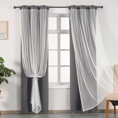 Vista 23 de indistar Cortinas opacas con recortes de estrellas para dormitorio de niña, cortinas de oscurecimiento para habitación de bebé, cortinas