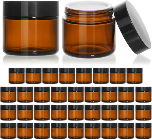 Vista 7 de KEYWING Tarros de vidrio ámbar de 1 oz con tapas negras, paquete de 36 tarros pequeños redondos de vidrio para cosméticos con forros interiores