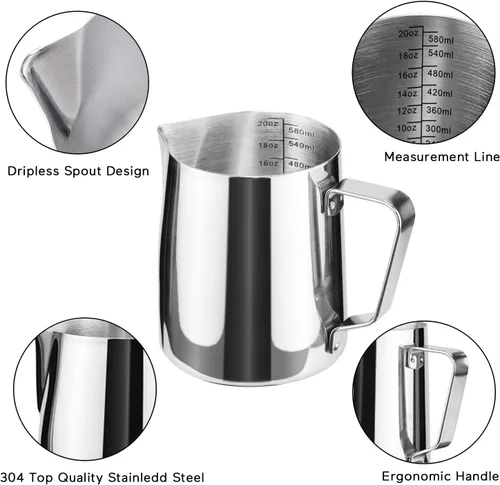 Vista 2 de Jarra de espuma de leche de 20 onzas de acero inoxidable - Jarra de crema para vaporizar espresso y café capuchino - Jarra de espuma de leche