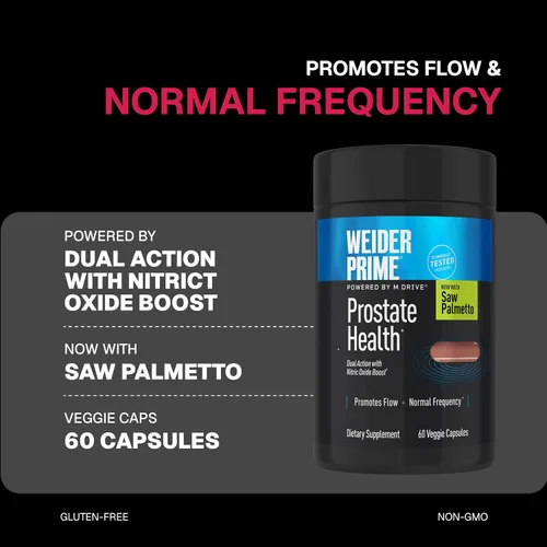 Vista 3 de Weider Prime Salud de la próstata para hombres, Saw Palmetto, acción dual con N.O. Boost, promueve el flujo y la frecuencia normal, 60 cápsulas