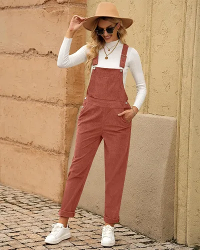 Vista 5 de LookbookStore Overol de pana para mujer, con tirantes ajustables, overol de moda con bolsillo